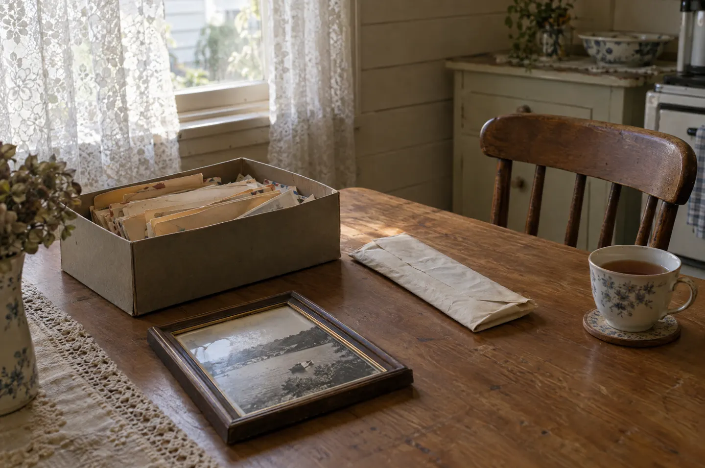 Letters and a will on a kitchen table in morning light. Placeholder.