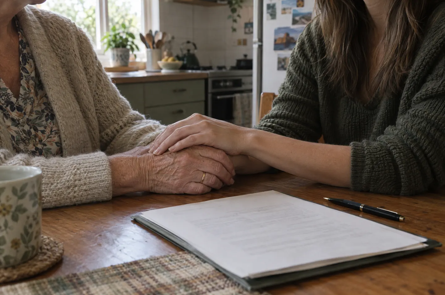 A mother's and daughter's hands over a document at a kitchen table. Placeholder.