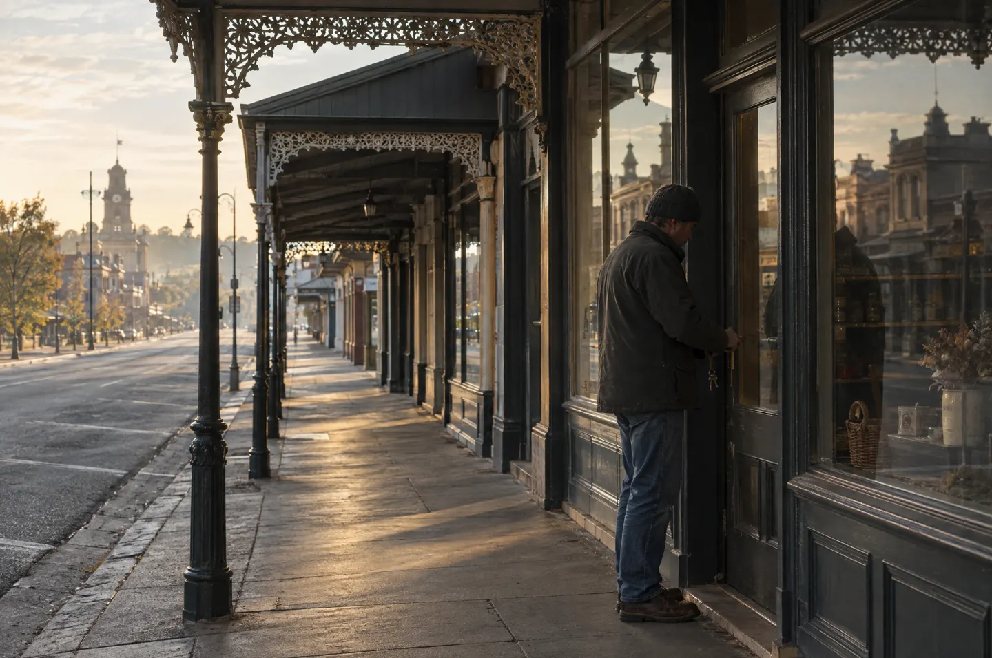 A shop owner unlocking a main street shopfront at dawn. Placeholder.